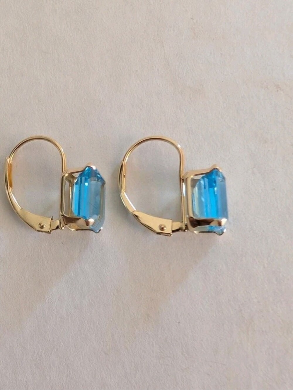 14k Yellow Gold Emerald Cut Blue Topaz Dangle Earrings 2.0CT - Picture 4 of 13